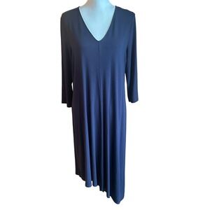 Eileen Fisher a Dress Womens L Navy Blue Asymmetric Hem 3/4‎ Sleeve V Neck Knit